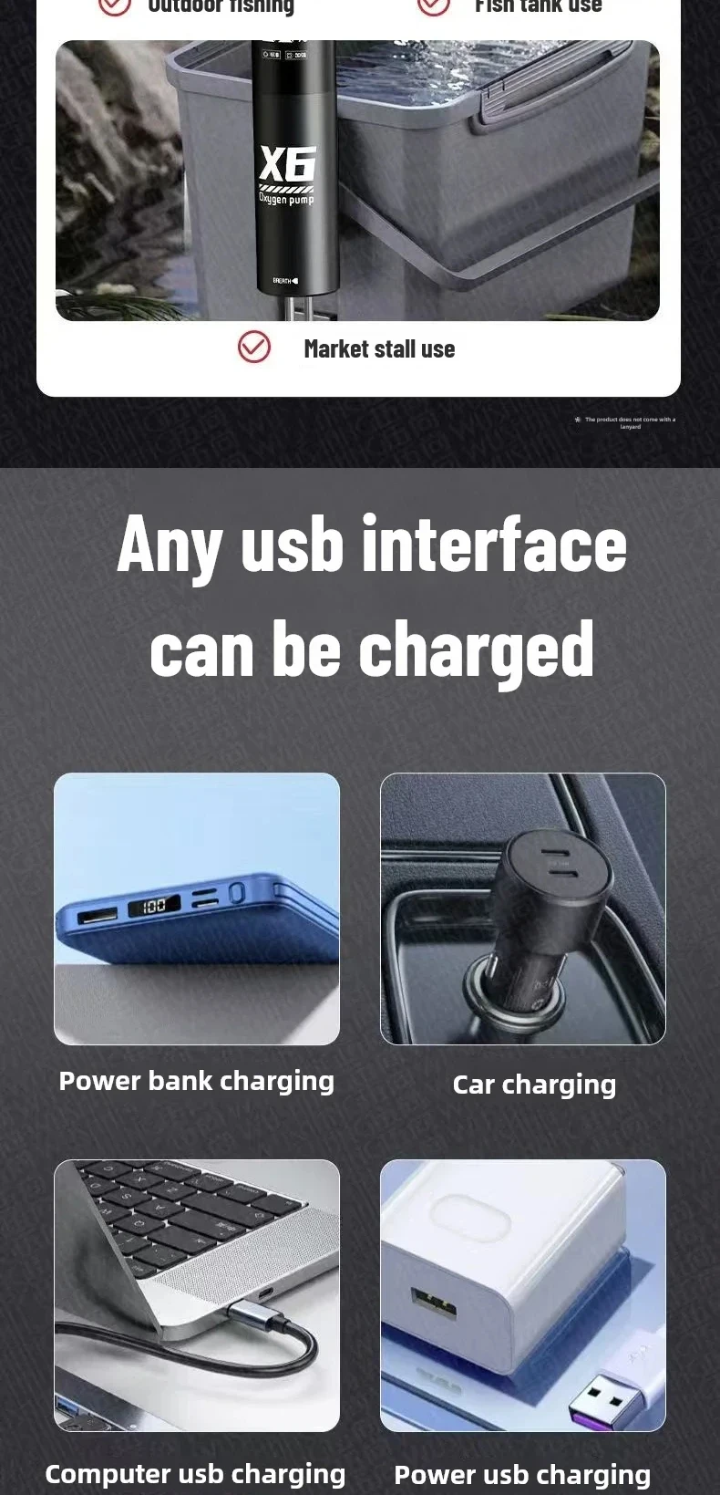 Aquarium Fish Tank Oxygen Pump Charging Dual-Purpose Air Pump Usb Lithium Battery Household Portable Fishing Mute 2400ma Outdoo