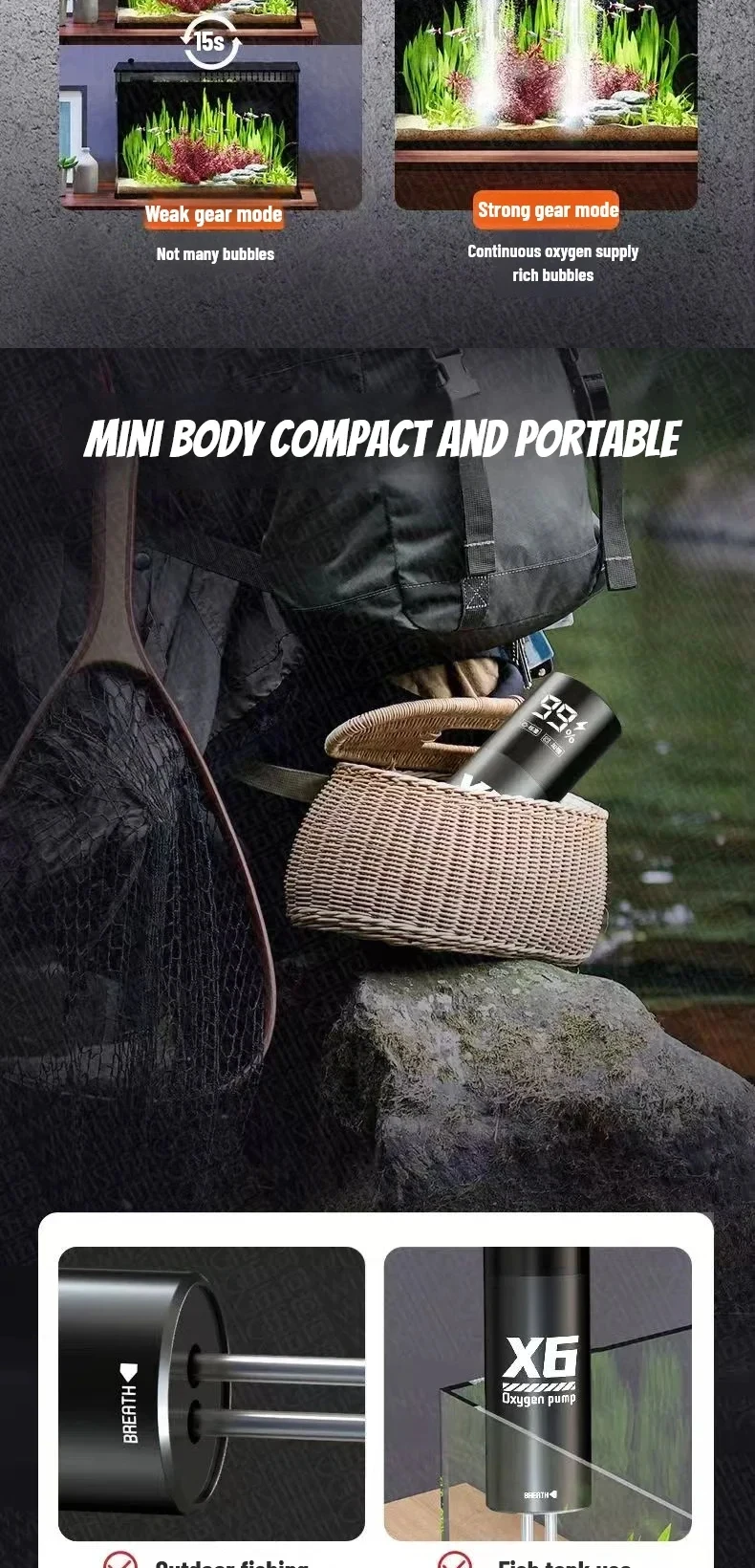 Aquarium Fish Tank Oxygen Pump Charging Dual-Purpose Air Pump Usb Lithium Battery Household Portable Fishing Mute 2400ma Outdoor