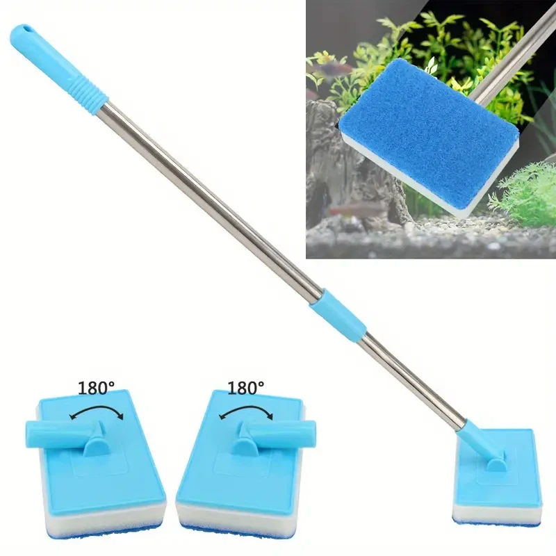 55-95cm Telescopic Handle 180° Adjust Cleaner Scrubber Aquarium Fish Tank Glass Window Algae Double-Sided Sponge Cleaning Brush