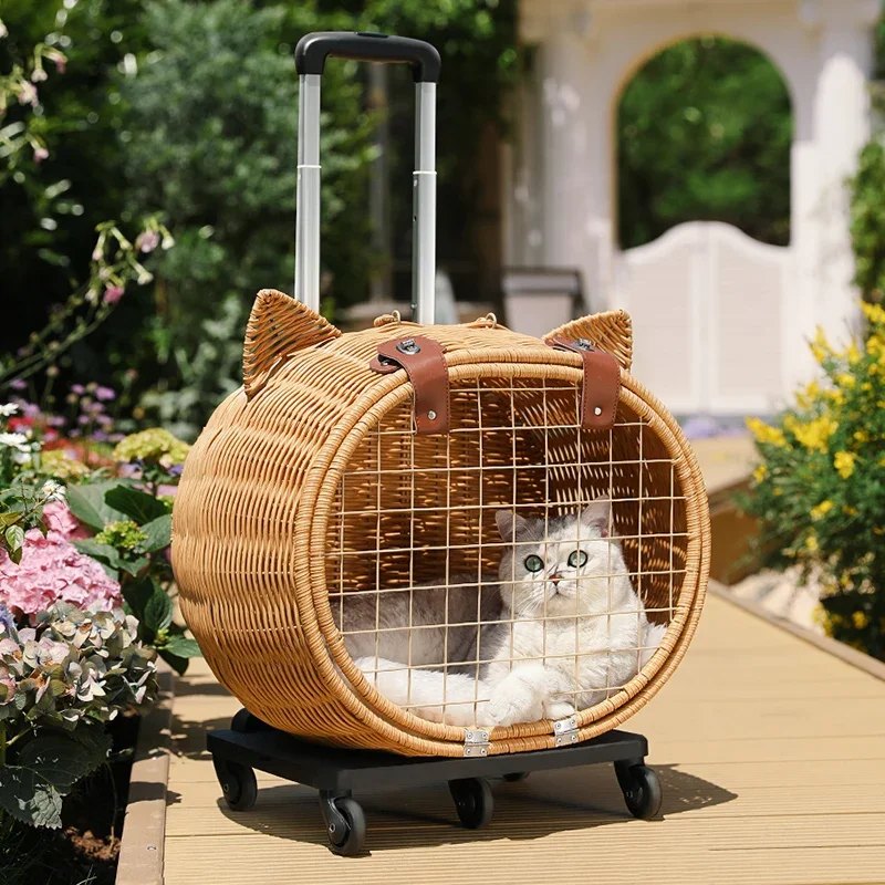 9657-hpvljv.jpg Rattan Cat Stroller Space Capsule Cat Carrier Large Pet Travel Bag for Cats & Dogs Multi-Cat Effortless Pet Stroller - Image 1
