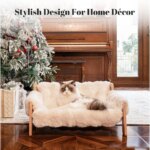 Elevated Cat Couch Bed, Wooden Cat Sofa with Removable Washable Fluffy Cover, Raised Kitty Lounge Chair Suitable for Puppy (Off- - Image 2