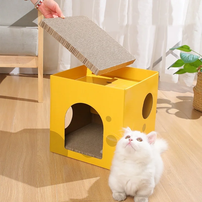 2-Layer Foldable Cardboard Cat House Fun Cheese Design Breathable Sturdy Scratching Post Cat Beds for Sleeping And Playing 2-Layer Foldable Cardboard Cat House Fun Cheese Design Breathable Sturdy Scratching Post Cat Beds for Sleeping And Playing