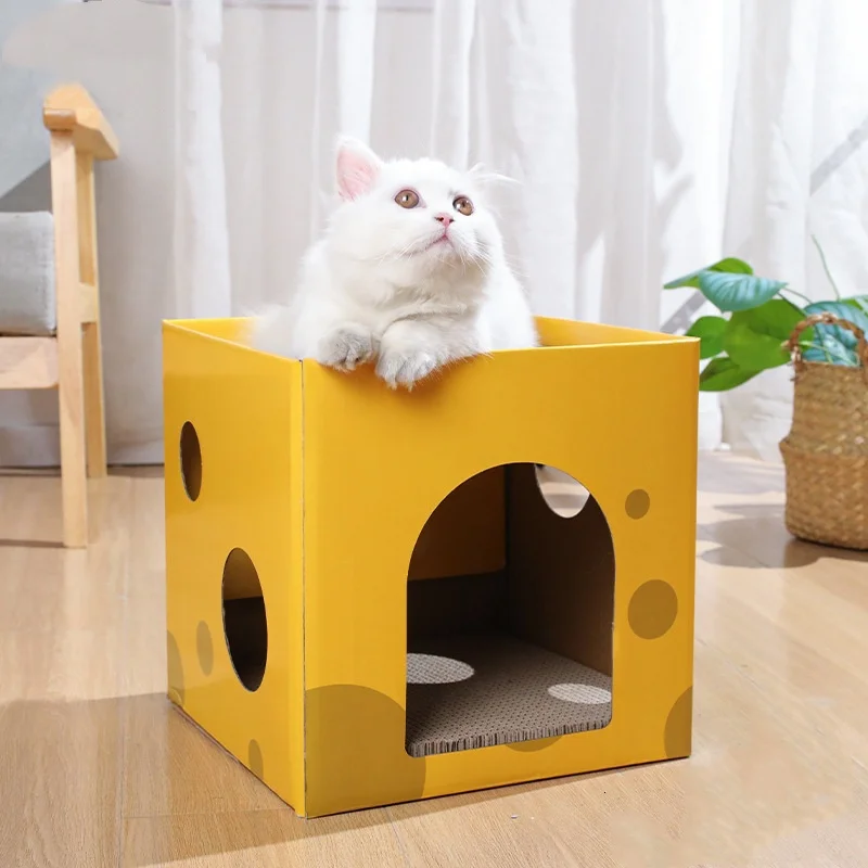 2-Layer Foldable Cardboard Cat House Fun Cheese Design Breathable Sturdy Scratching Post Cat Beds for Sleeping And Playing 2-Layer Foldable Cardboard Cat House Fun Cheese Design Breathable Sturdy Scratching Post Cat Beds for Sleeping And Playing