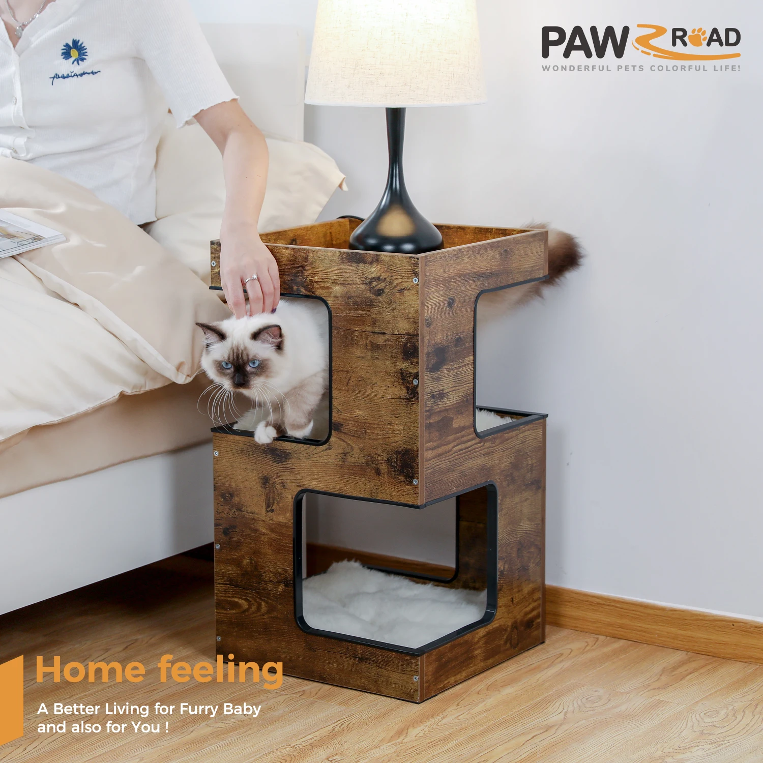 112578-swllxj.jpg Wood Cat Condo House Bed with Removable Soft Mats Modern Cat Tree Tower with Scratching Pad Cat Scratcher Furniture Kitten Toys - Image 1