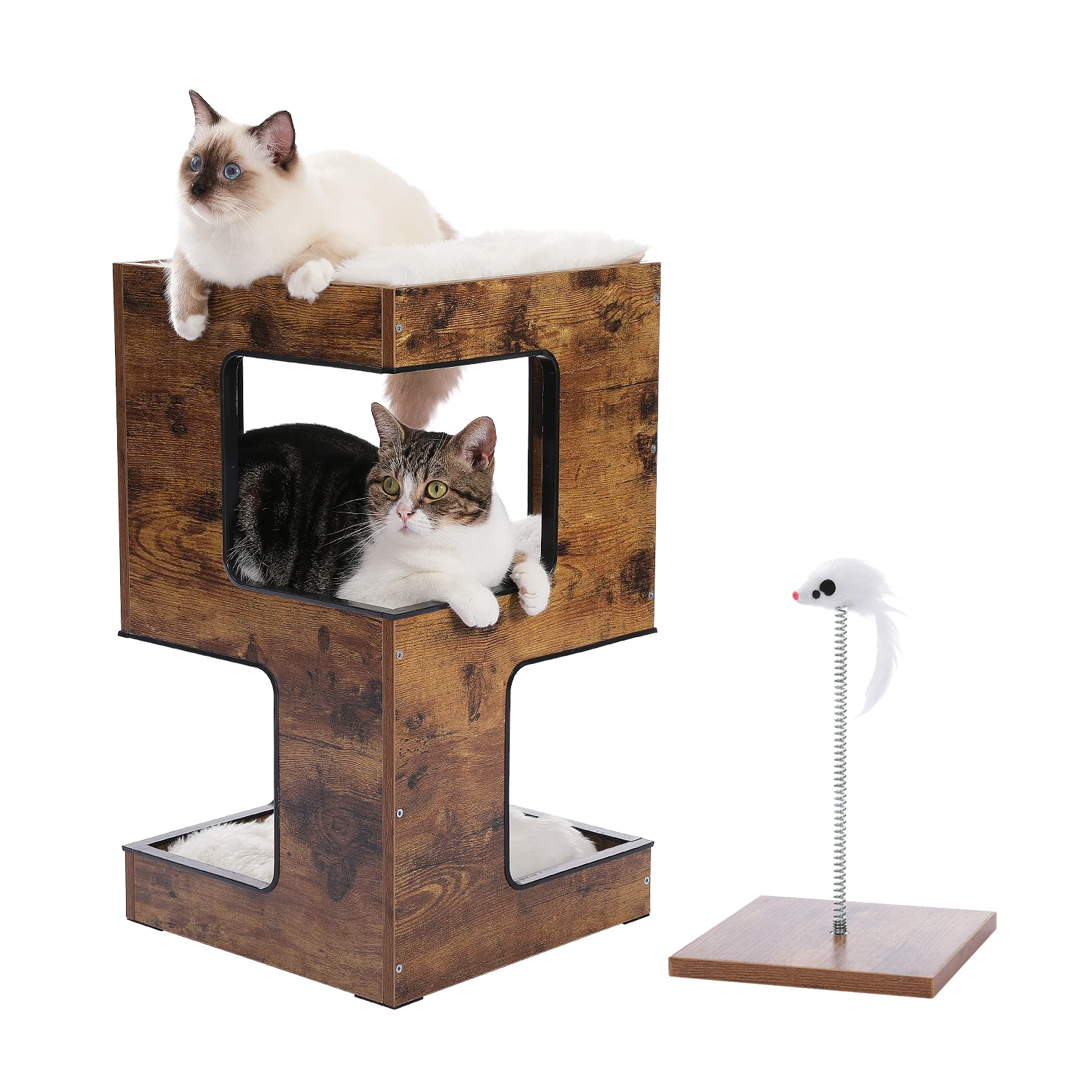 Wood Cat Condo House Bed with Removable Soft Mats Modern Cat Tree Tower with Scratching Pad Cat Scratcher Furniture Kitten Toys Wood Cat Condo House Bed with Removable Soft Mats Modern Cat Tree Tower with Scratching Pad Cat Scratcher Furniture Kitten Toys