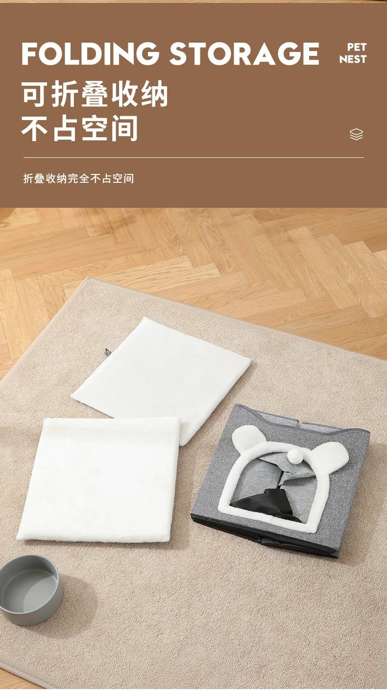 Semi-Enclosed Foldable Double-Door Triple-Layer Cat House with Multi-Functional Double-Sided Scratching Board for Cats