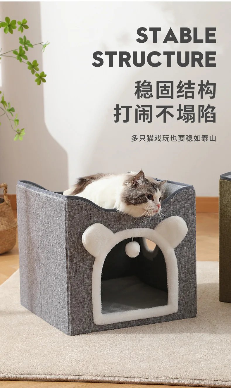 Semi-Enclosed Foldable Double-Door Triple-Layer Cat House with Multi-Functional Double-Sided Scratching Board for Cats