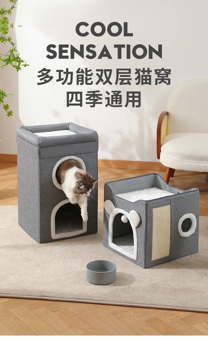 Semi-Enclosed Foldable Double-Door Triple-Layer Cat House with Multi-Functional Double-Sided Scratching Board for Cats