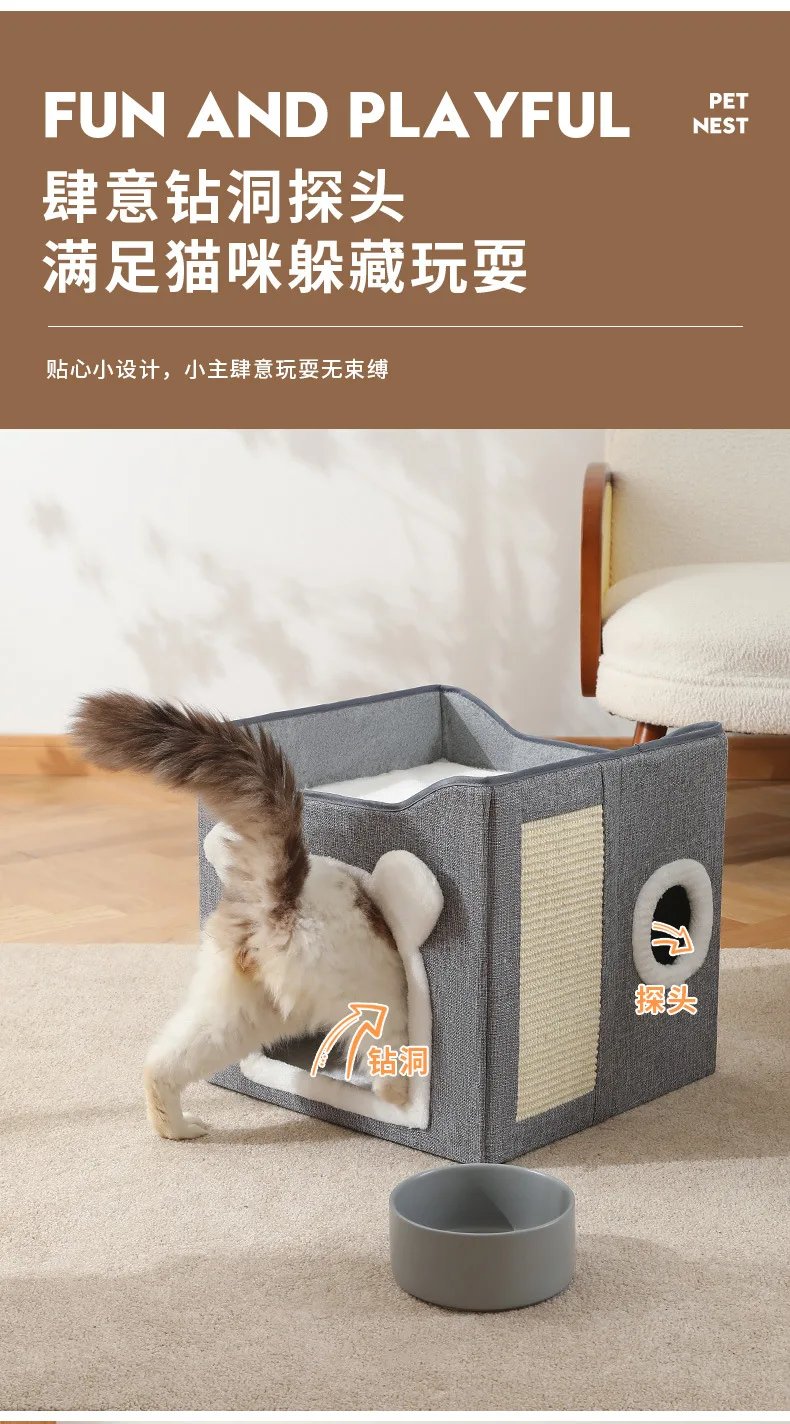 Semi-Enclosed Foldable Double-Door Triple-Layer Cat House with Multi-Functional Double-Sided Scratching Board for Cats
