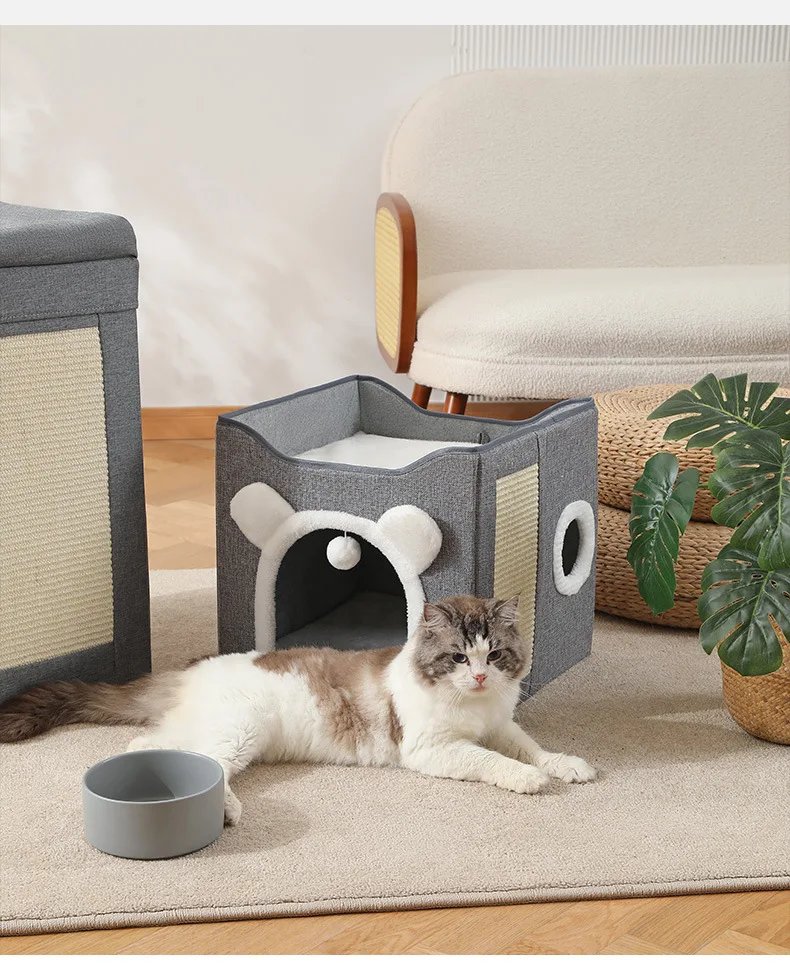 Semi-Enclosed Foldable Double-Door Triple-Layer Cat House with Multi-Functional Double-Sided Scratching Board for Cats