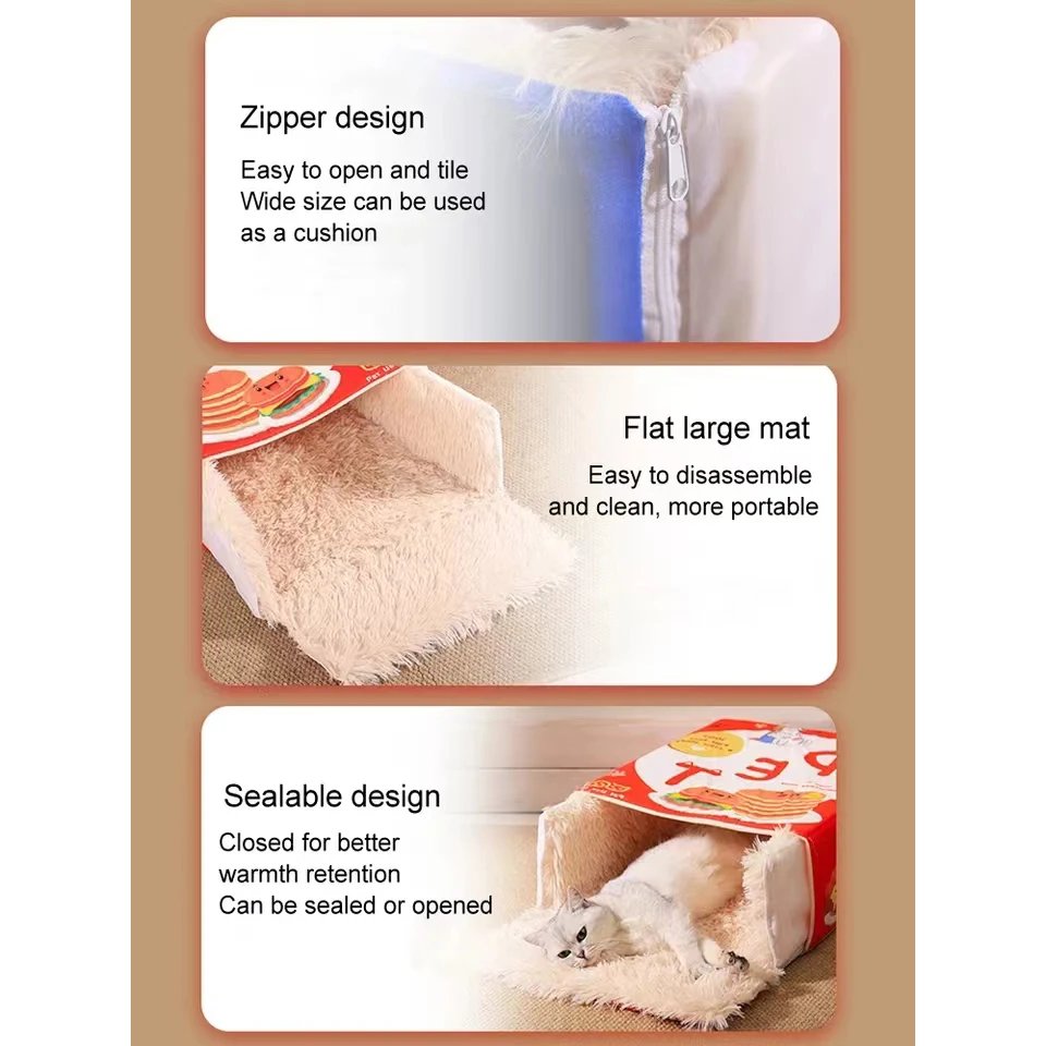 Fully Enclosed Biscuit Box Pet Cat Bed Rectangular Pull Out Snack Kitten Cat House Cushion Cave with Zipper
