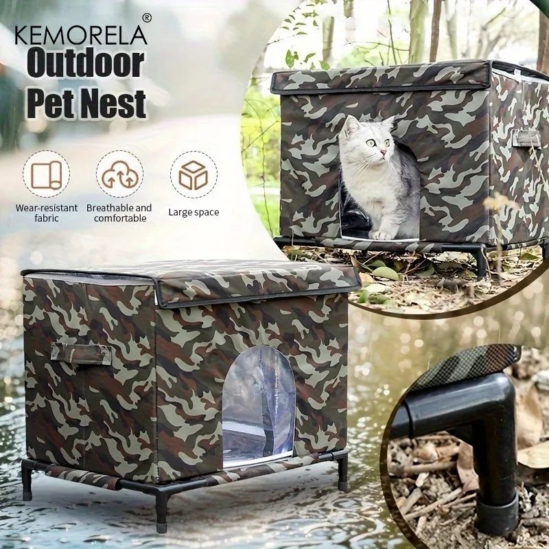 KEMORELA Winter Outdoor Cat House 4-Season Outdoor Shelter with Heavy-Duty Oxford Fabric Warm Windproof Cozy Kennel for Dog Cats