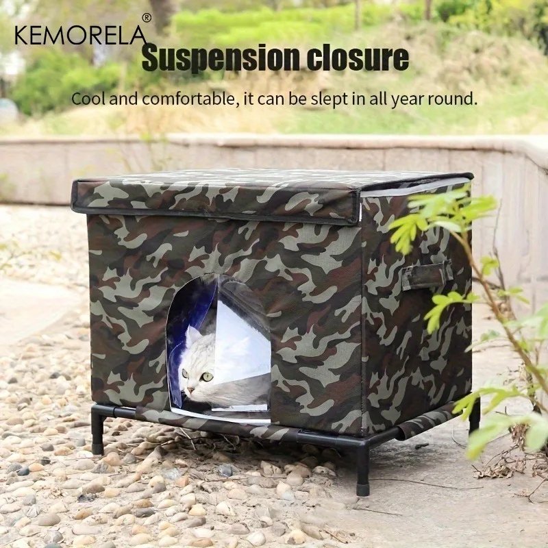 KEMORELA Winter Outdoor Cat House 4-Season Outdoor Shelter with Heavy-Duty Oxford Fabric Warm Windproof Cozy Kennel for Dog Cats