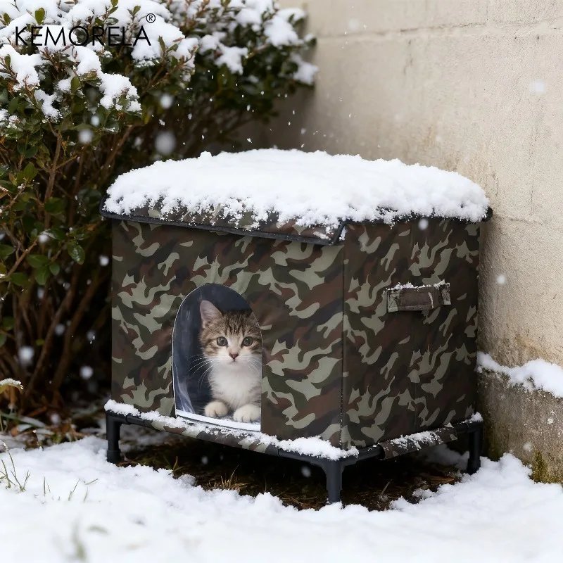 KEMORELA Winter Outdoor Cat House 4-Season Outdoor Shelter with Heavy-Duty Oxford Fabric Warm Windproof Cozy Kennel for Dog Cats