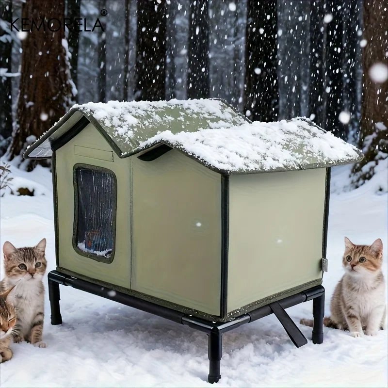KEMORELA Winter Outdoor Warm Cat Shelter with Shelf Durable Oxford Cloth Construction, Windproof Design,for Small Breeds & Cats
