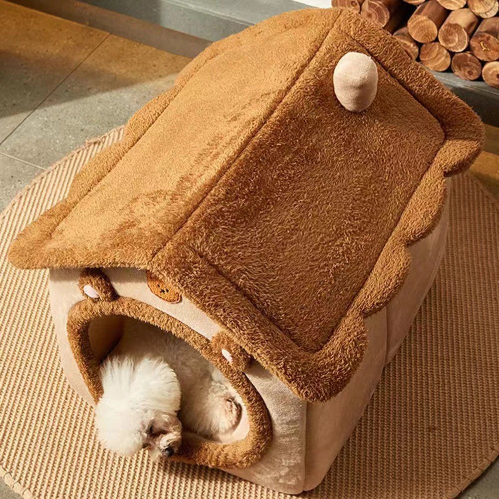 Dog Bed Warm Winter Four Season Universal Enclosed Pet Bed, Wrapped Cat Bed, Brown Teddy Bear Style Bed