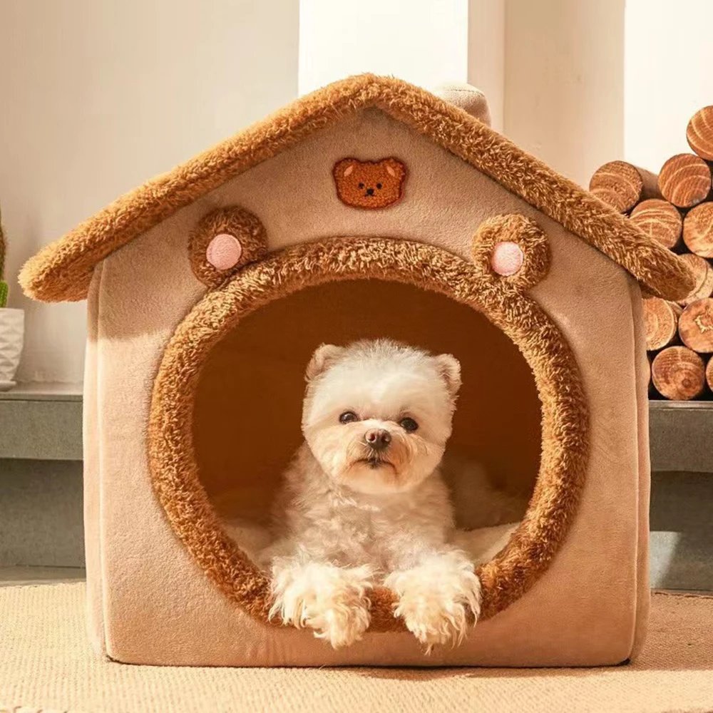 Dog Bed Warm Winter Four Season Universal Enclosed Pet Bed, Wrapped Cat Bed, Brown Teddy Bear Style Bed