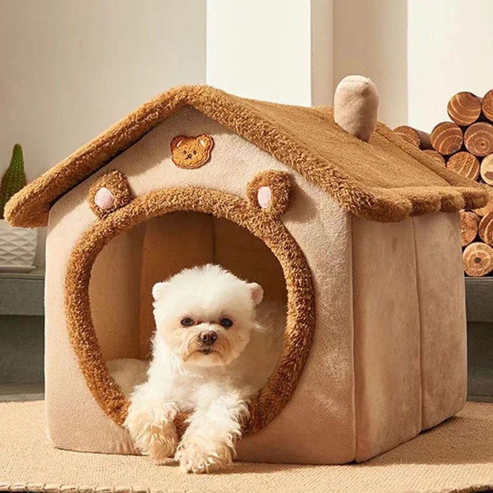 Dog Bed Warm Winter Four Season Universal Enclosed Pet Bed, Wrapped Cat Bed, Brown Teddy Bear Style Bed