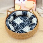 OUZEY Rattan Weaving Cat Basket Pet Cat Bed With Cushion Soft Warm Puppy Kitten Bed Donut Round Comfortable Sleeping Cat House - Image 2