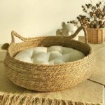 OUZEY Rattan Weaving Cat Basket Pet Cat Bed With Cushion Soft Warm Puppy Kitten Bed Donut Round Comfortable Sleeping Cat House - Image 4