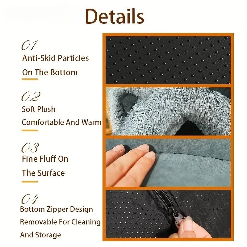 Enclosed Pet Bed Winter Warm Plush Hooded Cat Bed House with Cute Ears Indoor Nest Cave Comfort Kittens Hideaway for Small Dog