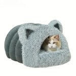Enclosed Pet Bed Winter Warm Plush Hooded Cat Bed House with Cute Ears Indoor Nest Cave Comfort Kittens Hideaway for Small Dog - Image 6