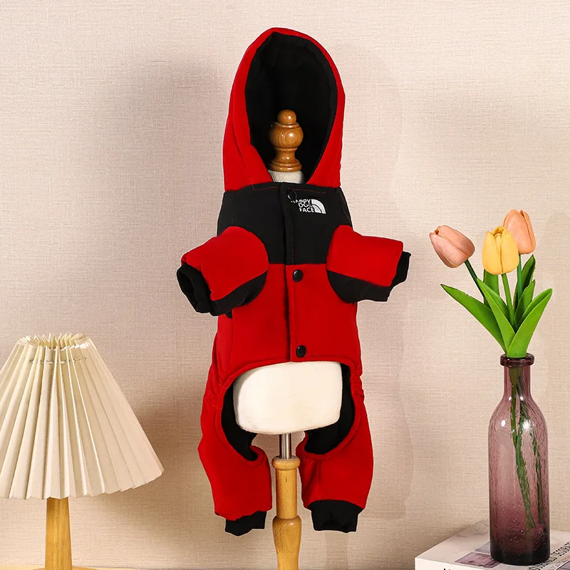 New winter dog clothes with fleece and thickened cotton coat, warm hooded four-legged pet clothing