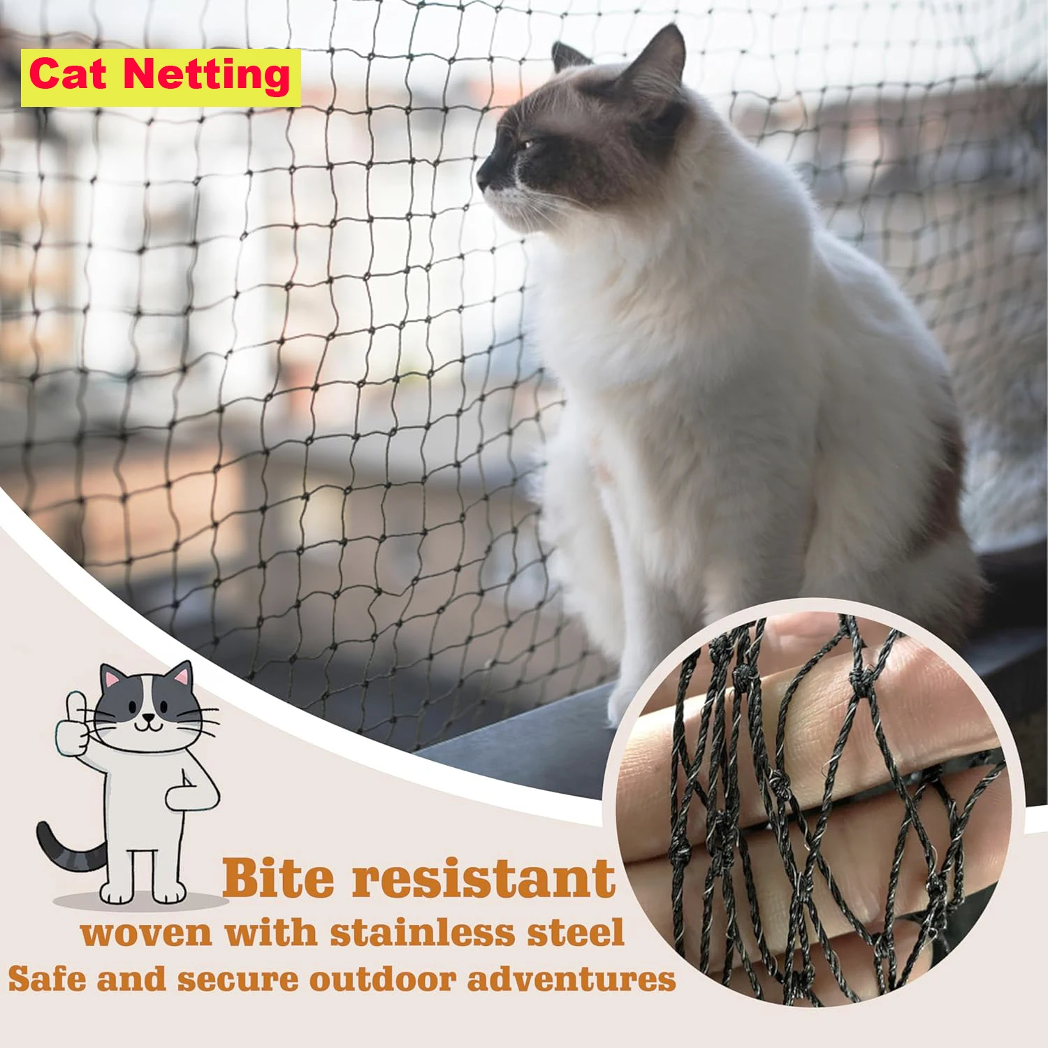 121472-qyh1zy.jpg Steel Reinforced Cat Netting for Balcony- Cat Anti Fall Netting,Garden Net Anti Bird Net with Wire,Safety Netting Fence for Pets - Image 1