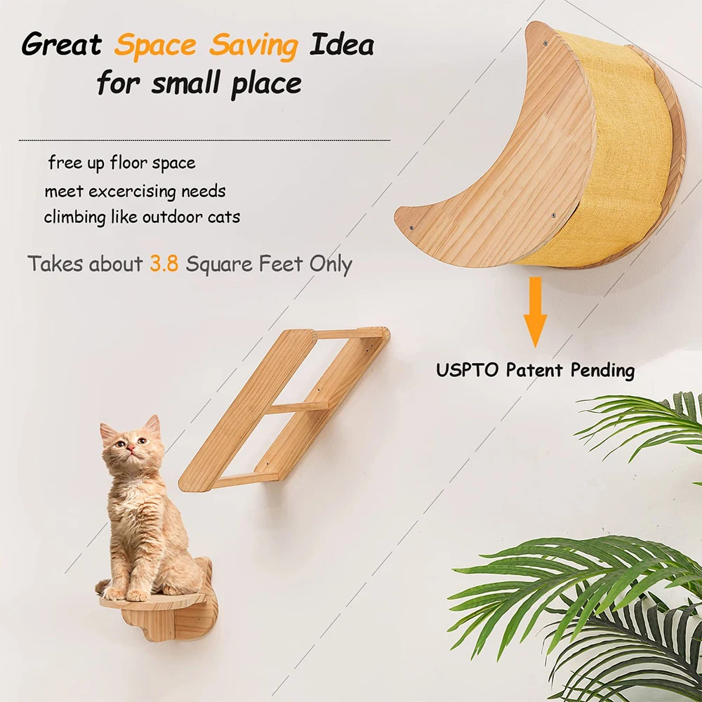 Cat Wall Hiding House Hammock Climbing Shelves Moon Perches Bed Ladder Solid Wood Steps For Activity Indoor Cats Wall Furniture