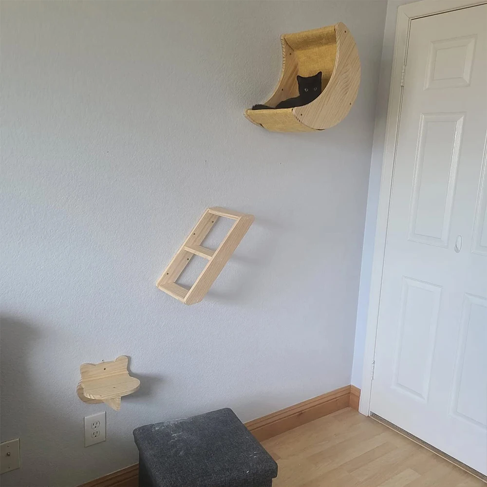 Cat Wall Hiding House Hammock Climbing Shelves Moon Perches Bed Ladder Solid Wood Steps For Activity Indoor Cats Wall Furniture