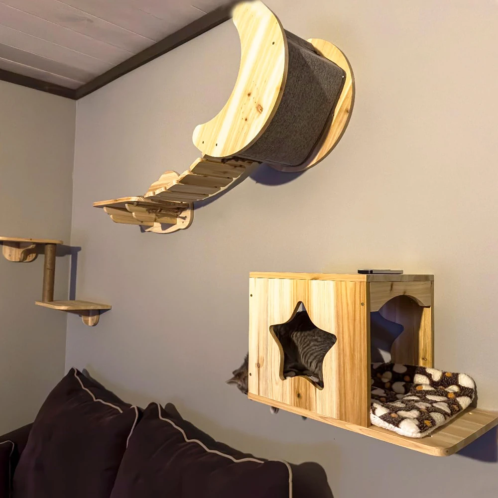 Cat Shelf Wall Hammock Climbing Shelves Moon Shaped And Perches Ladder Solid Wood Steps For Activity Indoor Cats Wall Furniture Cat Shelf Wall Hammock Climbing Shelves Moon Shaped And Perches Ladder Solid Wood Steps For Activity Indoor Cats Wall Furniture