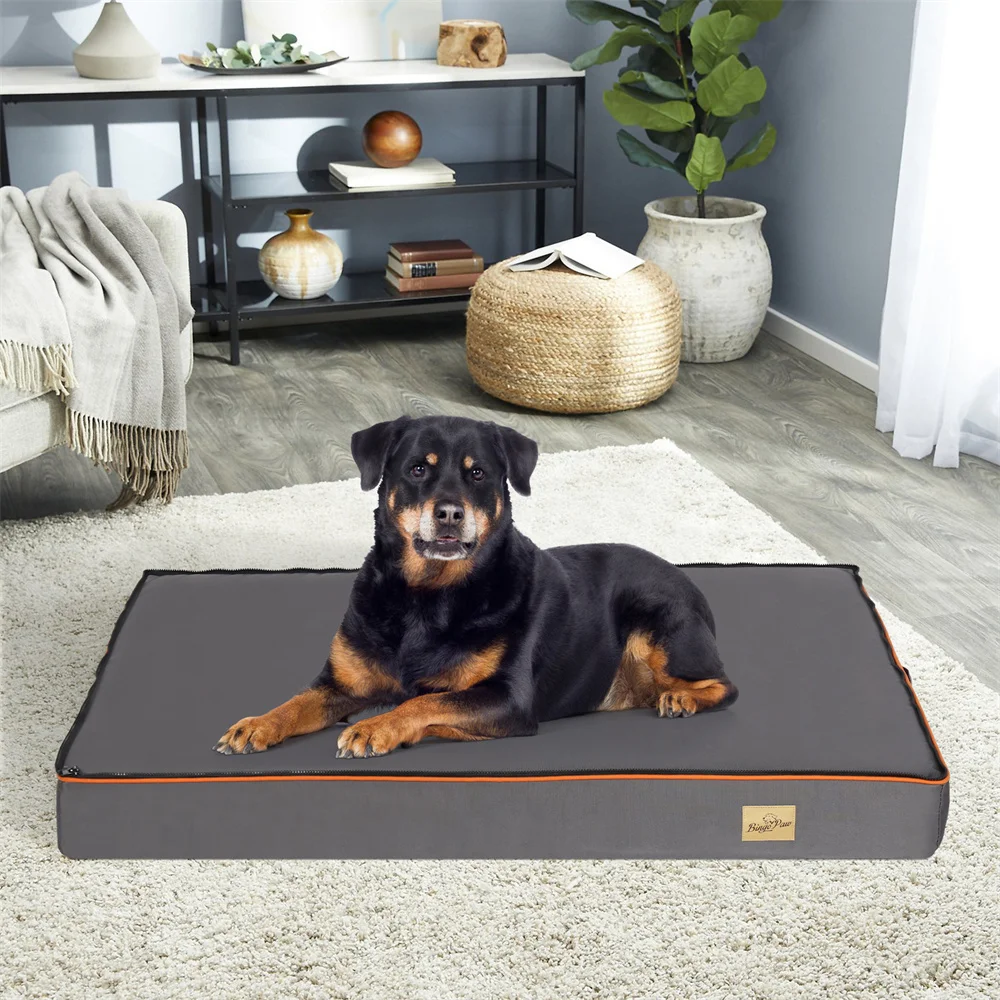 Premium Large Orthopedic Memory Foam Dog Bed Waterproof Pet Dog Crate Jumbo Mattress with Orange Trim Washable Water Resistant