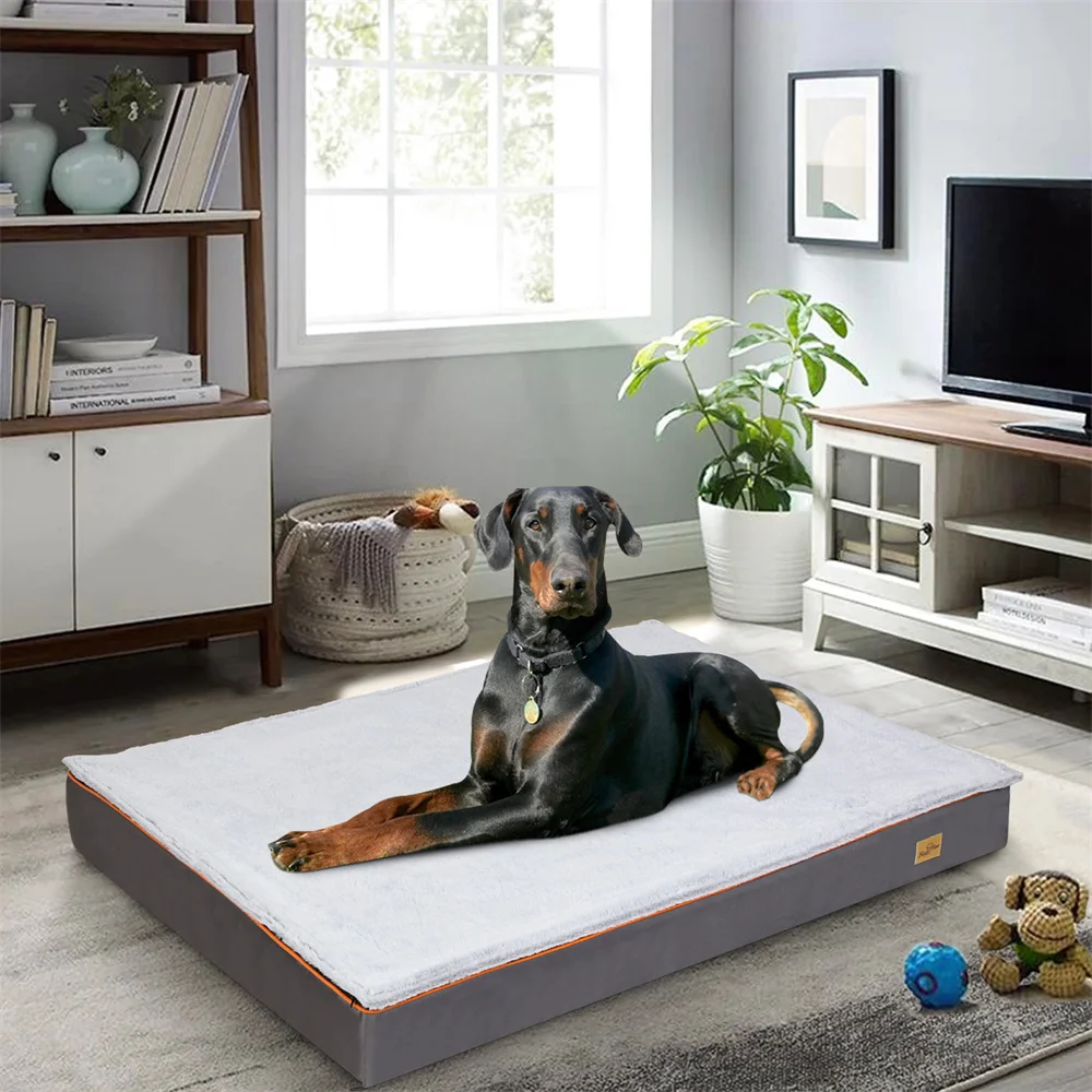 Premium Large Orthopedic Memory Foam Dog Bed Waterproof Pet Dog Crate Jumbo Mattress with Orange Trim Washable Water Resistant