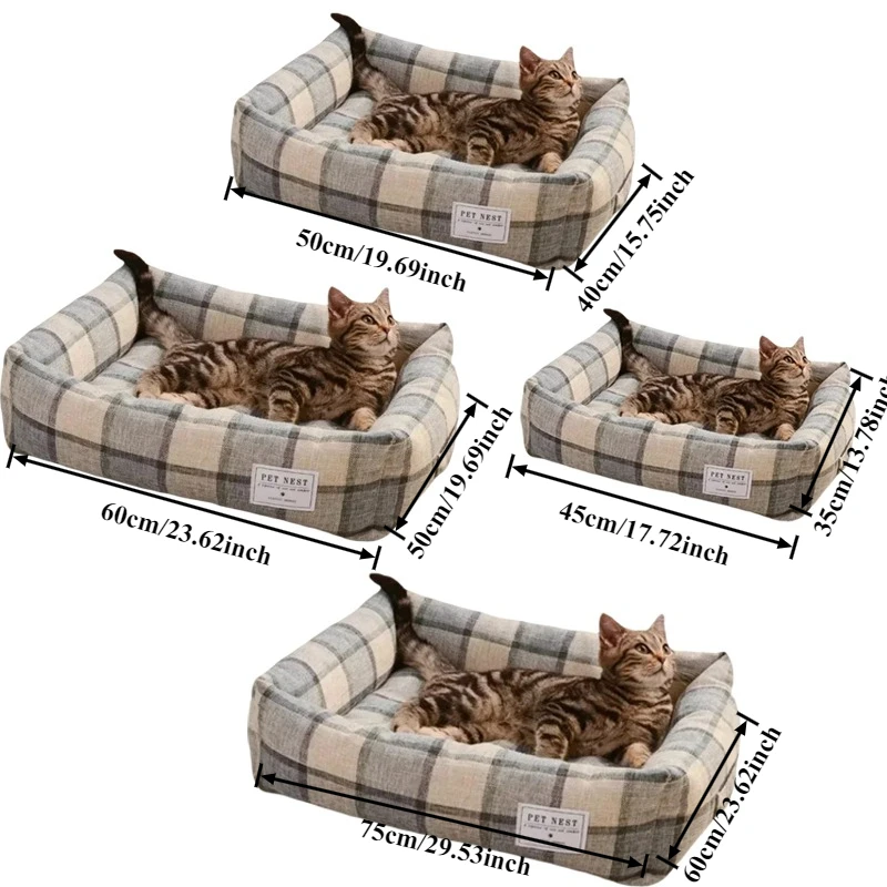 Plaid Printing Soft Removable&Washable Dog Bed Fabric Skin-Friendly Cotton&Linen Breathable Pet Sofa Square Cat Litte Dog Bed
