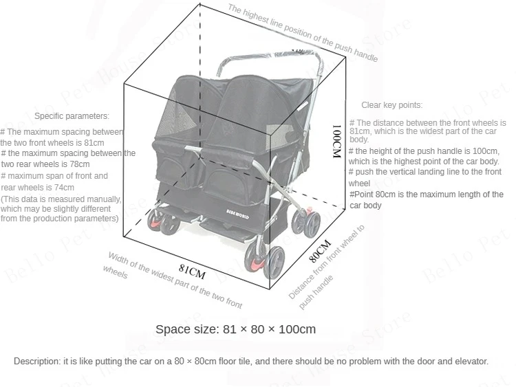 Multifunctional pet car Ultra-light two-seater pet buggy Detachable and washable trolley Universal pet car for cats and dogs