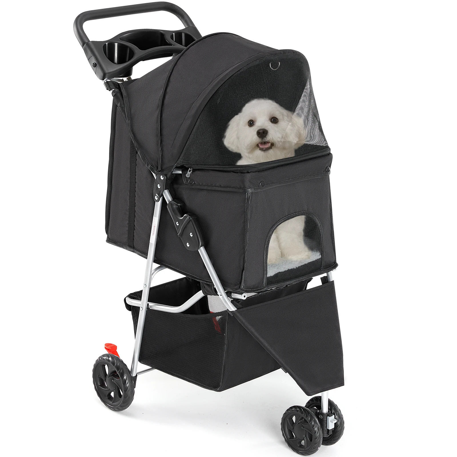 JHK 3 Wheels Foldable Pet Stroller for Small Dogs and Cats Stroller with Mesh Windows Storage Basket Cup Holder for Outdoor Use JHK 3 Wheels Foldable Pet Stroller for Small Dogs and Cats Stroller with Mesh Windows Storage Basket Cup Holder for Outdoor Use