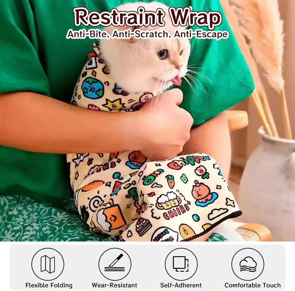 Cat Restraint Wrap Self-Adherent Cat Swaddle Burrito Wrap Anti-Bite Anti-Escape Cat Grooming Wrap for Pet Medical Nail Clipping